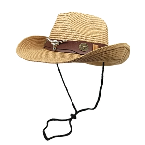Western Cowboy Straw Hat Wide Brim Sun Protection Breathable Retro Summer Beach With Leather Band Metal Bull Head Windproof Cord