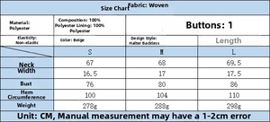 Detailed size chart for halter backless top with length, bust, and material information