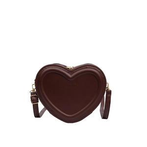 Dark brown heart-shaped crossbody bag with smooth leather finish and golden hardware