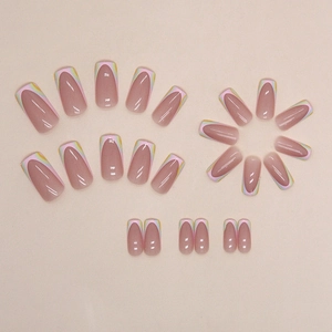 French aurora glitter long square press-on nails with colorful pastel wavy tip pattern