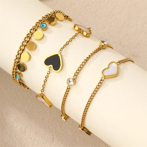 Gold Stainless Steel Heart Bracelet For Women Double Layer Blue Rhinestone Artificial Pearl Pendant Minimalist Jewelry