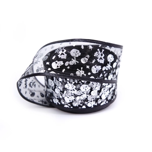 5cm Halloween sheer ribbon with silver skull and spider patterns on black mesh