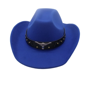 Royal blue wool felt western cowboy hat with silver bull head and gold rivets