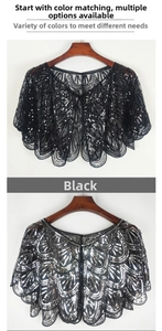 Detail of sequin embroidery on mesh lace shawl with wavy edges and intricate beadwork