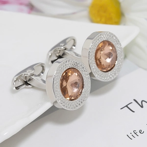 Boutons de manchette élégants en argent avec cristaux ronds de couleur champagne
