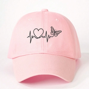 Detail of pink cotton baseball cap featuring black heart rate and butterfly print