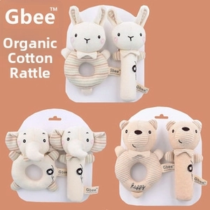 Detailed set of organic cotton baby rattle toys featuring rabbit elephant and bear shapes