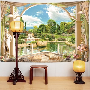 Detail of garden tapestry showing fountain and Roman columns on a living room wall