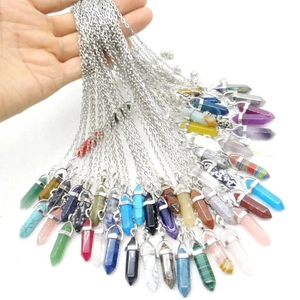 Natural hexagonal crystal point pendant necklaces in various colorful gemstones