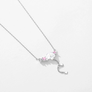 S925 silver necklace featuring a shell camellia flower with pink zircon stones