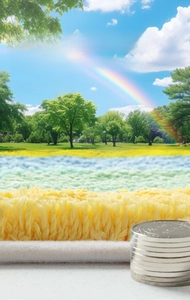 Detail showing the ultra-thick fiber density of rainbow rug compared to stack of coins