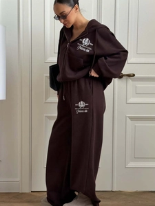 Survêtement Femme Sweat À Capuche Et Pantalon De Jogging Coton Brodé Décontracté Zippé Manches Longues Streetwear