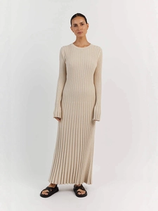 Elegant apricot knitted long sleeve maxi dress for women in a minimalist slim fit design