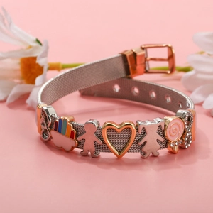 Two-tone stainless steel mesh bracelet with rainbow, boy, girl, and heart charms
