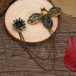 Vintage bee chain brooch with colorful rhinestones and gold-tone tassels for suit jackets