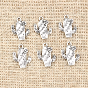 Set of six silver cactus alloy charms with flower details for DIY jewelry making