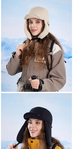 Close-up of windproof winter trapper hat with adjustable ear flaps for outdoor activities