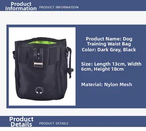 Detailed view of dark gray dog training waist bag with nylon mesh and size 13x6x18cm