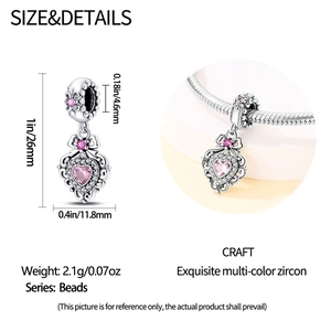 Detailed dimensions of silver heart pendant with pink stones and bow for DIY bracelets