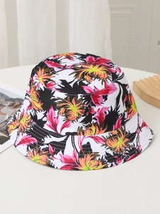 Detail of floral bucket hat showing colorful flower prints and fine stitching on white fabric