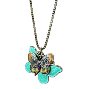 Vintage bronze double butterfly pendant necklace with colorful enamel on box chain