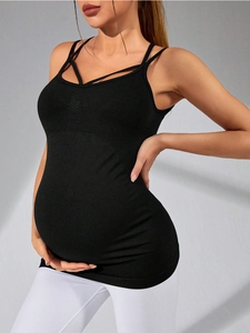 Débardeur de sport maternité noir sans couture avec détails croisés pour fitness yoga