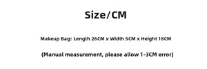 Size guide for large plaid cosmetic bag showing dimensions 26x5x18 cm with measuring notes