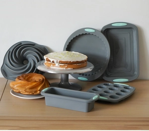 5-piece silicone baking set featuring grey cake pans with mint green handles