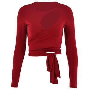Sexy rotes Langarm-Crop-Top mit asymmetrischem Ausschnitt und Taillen-Bindedesign