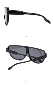 Side and back view of black wrap-around oversized sunglasses with sleek temples