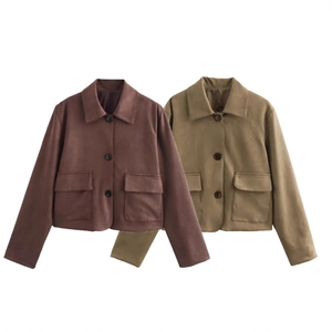 Women Faux Suede Short Jacket Vintage Lapel Long Sleeve Button Down Coat With Flap Pockets Casual Old Money Style