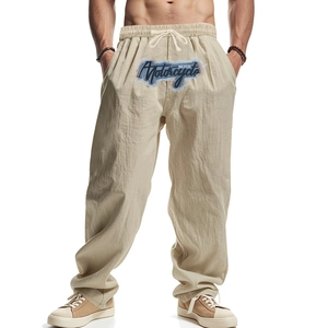 Lockere Leinen-Jogginghose für Herren in Hellkhaki mit Kordelzug und Stickerei