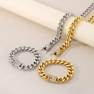 Cuban Link Chain Necklace And Bracelet Stainless Steel Iced Out Zircon Buckle Hip Hop Fashion Jewelry Men Women