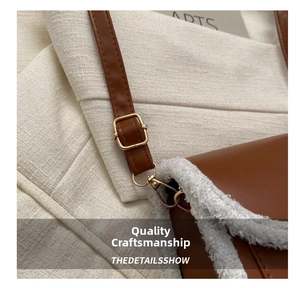 Detailed close-up of brown leather bag with white plush faux fur trim and gold buckle
