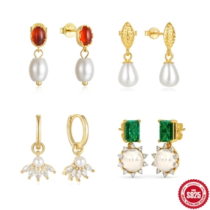Retro Artificial Pearl Drop Earrings With 925 Sterling Silver Earring Post Elegant Zircon Red Agate Jewelry For Women Fashion