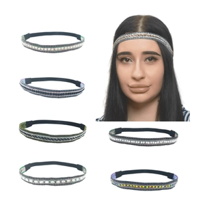 Detail showcasing six ethnic style fabric headbands with beads and sequins on models