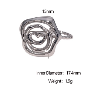 Detail view of silver hollow rose ring with heart design showing 15mm head and 17.4mm diameter