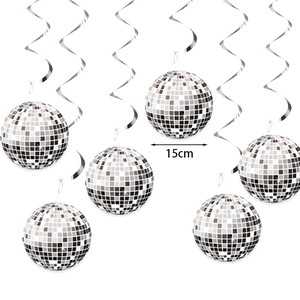 Set of six 15cm silver mirror disco balls with hanging spirals for party decorations