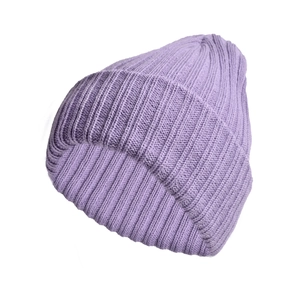 Detail of the thick ribbed knit texture on a light purple warm winter beanie hat