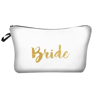 Elegant white canvas travel makeup bag with gold sequin Bride lettering and zipper