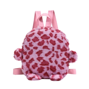 Pink and purple leopard print plush kids backpack with adjustable straps on white background