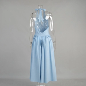 Detail view of light blue halter backless cotton dress with V-neck tie and waist zipper