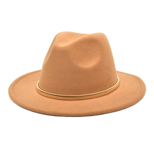 Classic camel wool fedora hat with elegant gold metal band trim for men and women