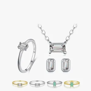 S925 sterling silver jewelry set with rectangular zircon ring necklace and earrings