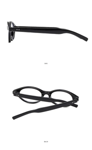 Side and back view of retro black oval eyewear frames with metal rivet details