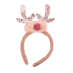 Pink plush Christmas reindeer antler headband with sequins and a soft pom-pom detail