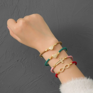 Fashion Braided Rope Bracelet Gold Plated Copper Micro Pave Zirconia Infinity Cross Heart Charms Adjustable Women Jewelry