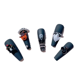 Halloween black resin press-on nails featuring pumpkin, ghost, and cat 3D decorations