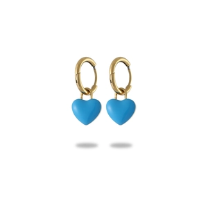 Golden hoop earrings featuring blue enamel heart charms on a clean white background