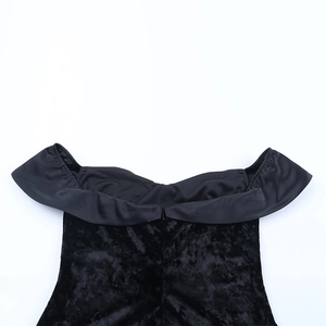Close-up of off-shoulder neckline on black velvet bodycon dress showing fabric texture
